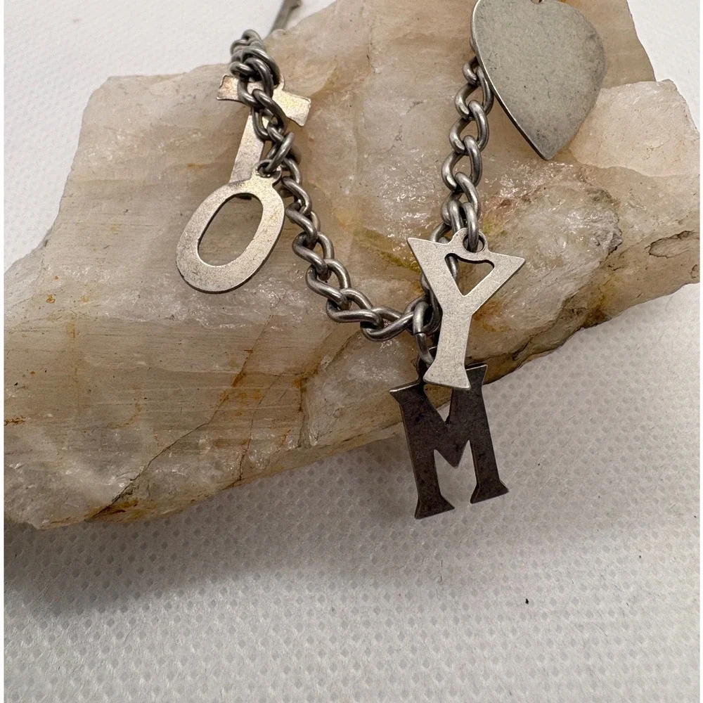 Vintage SKS Sterling Heart TOMY Name Key Charm Bracelet Silver Tone 7 Inch